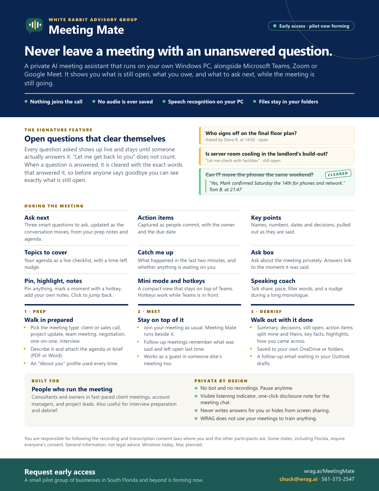 Meeting Mate product sheet: open questions, meeting assistance, and early access